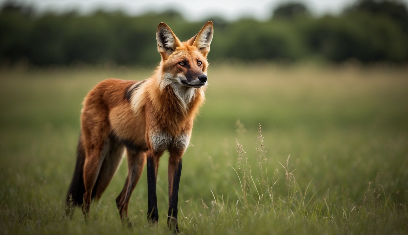 A maned wolf stands tall in a grassy savanna, its long legs and reddish fur contrasting against the green landscape.

Its large ears perk up as it gazes into the distance, capturing the essence of its elusive nature