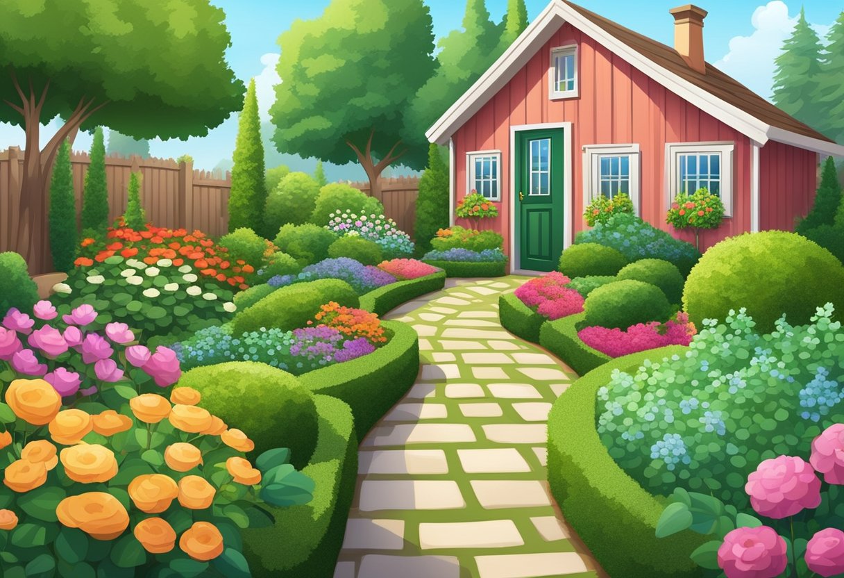 Lush green garden with neatly trimmed hedges, colorful flowers, and well-maintained pathways. Tools and equipment neatly organized in a shed