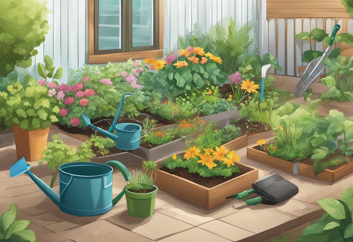 A garden with a variety of plants being watered and weeded, with gardening tools nearby and a compost bin for soil enrichment