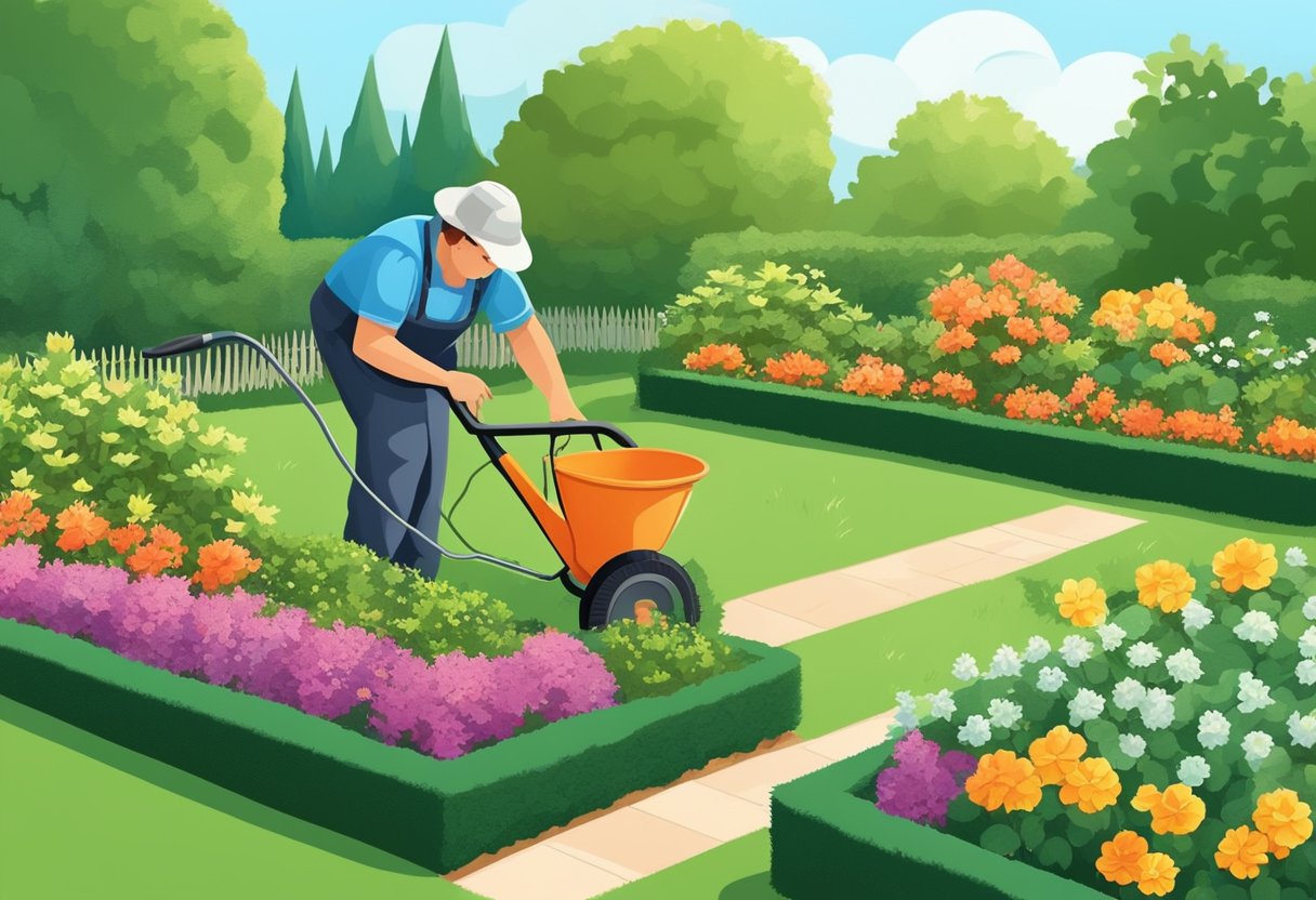 A person is trimming hedges, weeding flower beds, and watering plants in a well-maintained garden. The sun is shining, and birds are chirping