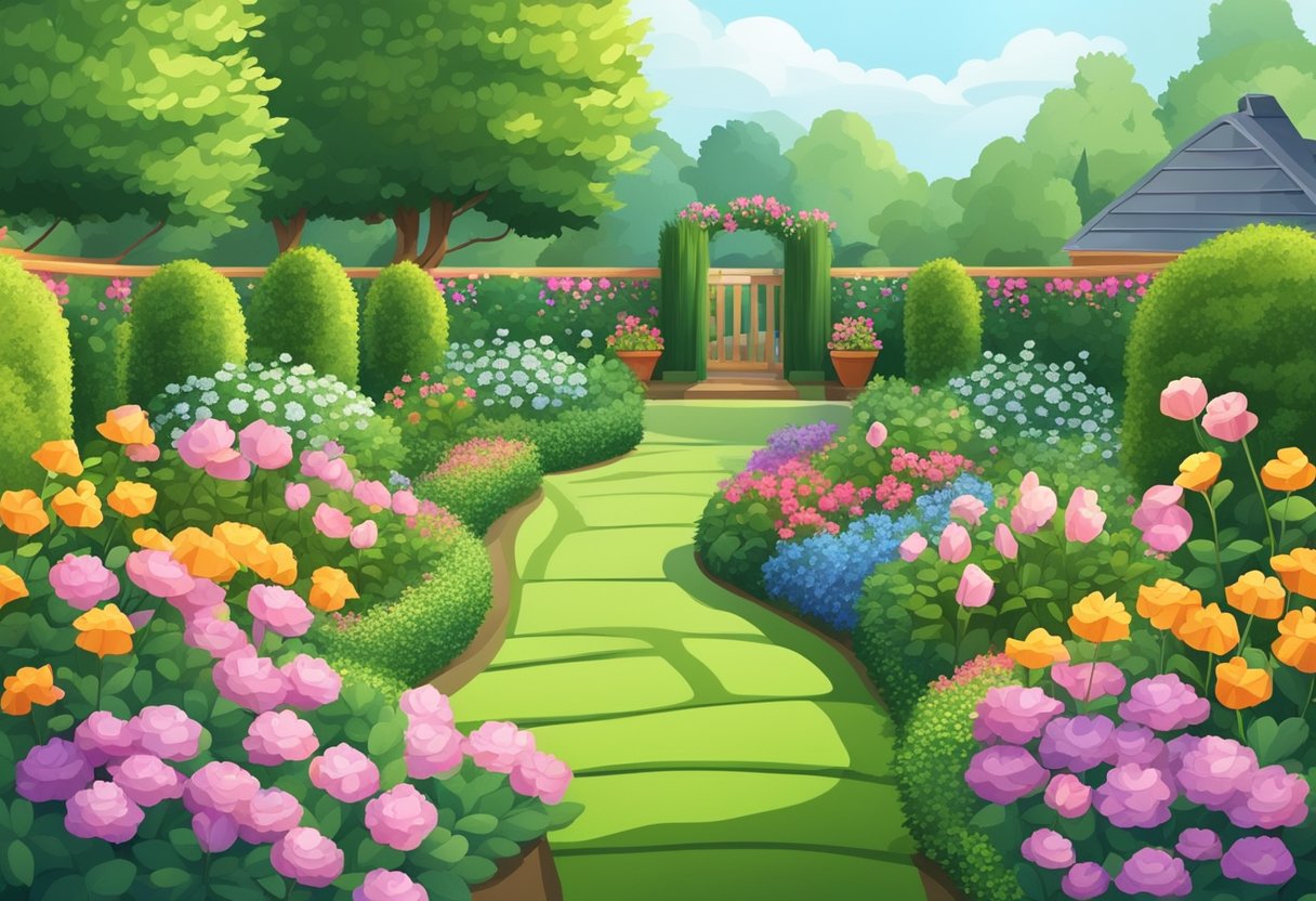 A lush garden with blooming flowers, trimmed hedges, and well-maintained pathways. Tools and equipment for gardening care are neatly organized nearby