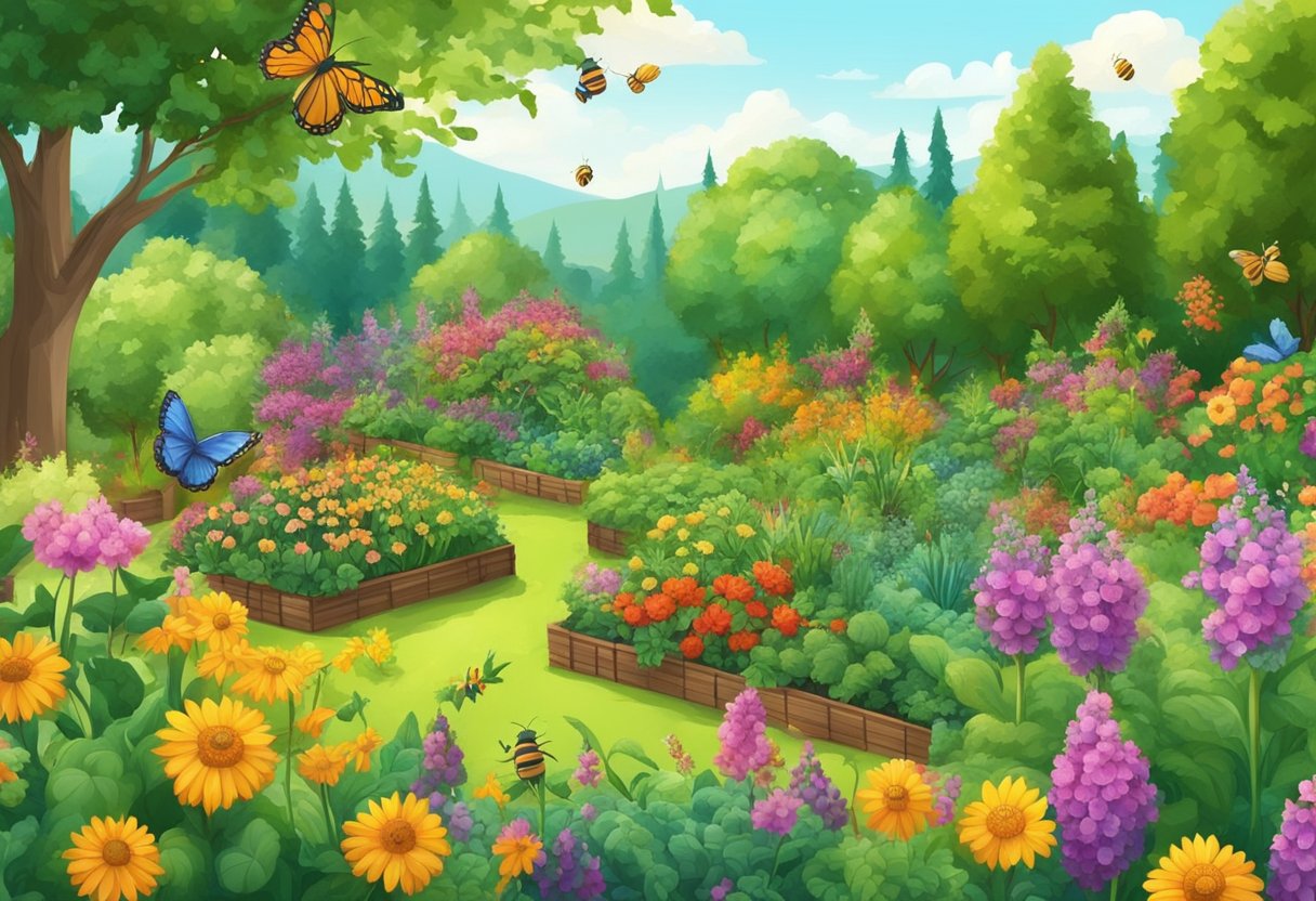 Lush garden with vibrant, healthy plants. Bees and butterflies flit among the flowers. Fruits and vegetables grow abundantly. Organic fertilizer and compost bins are visible