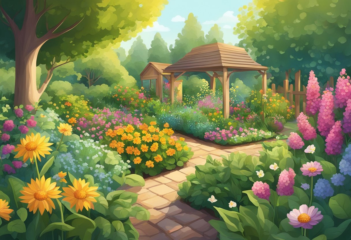 A lush garden with vibrant, healthy plants and rich soil. Sunlight filters through the leaves, and bees buzz among the blossoms. Signs of healthy, organic gardening practices are evident, such as compost bins and natural pest control methods