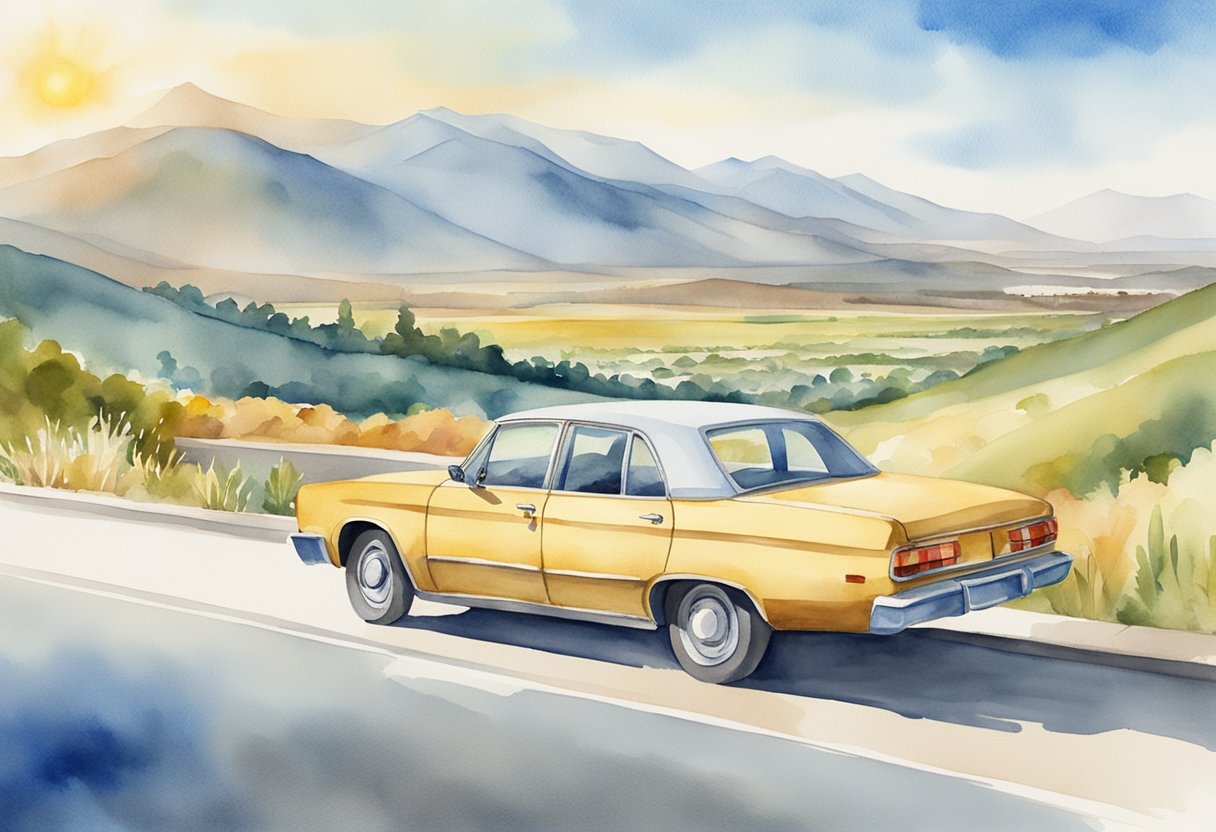 A car cruising on a scenic highway, passing through different landscapes and cityscapes, with a clear blue sky and the sun shining brightly