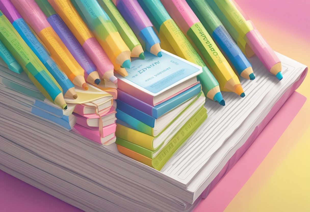 A stack of baby name books open to the page with "Edward" highlighted in colorful markers