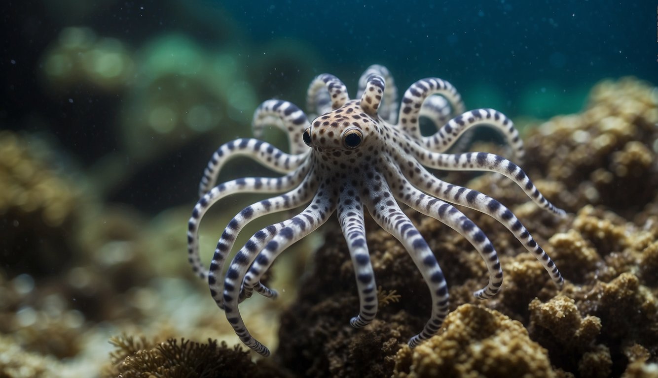 The mimic octopus gracefully changes its shape and color to blend into its surroundings, seamlessly morphing from a rock to a sea anemone with astonishing accuracy
