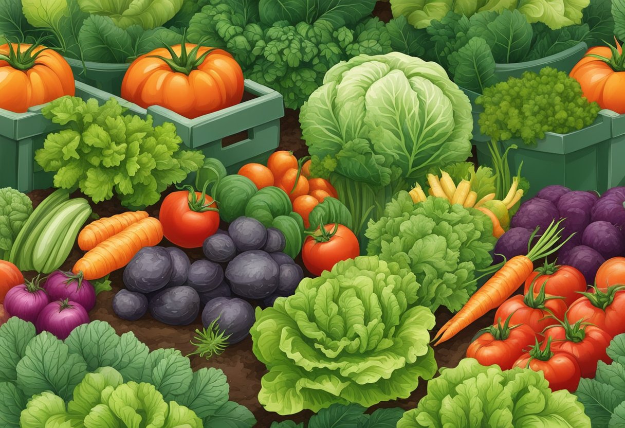 A variety of essential vegetables, such as tomatoes, carrots, and lettuce, are thriving in a lush, well-tended organic garden