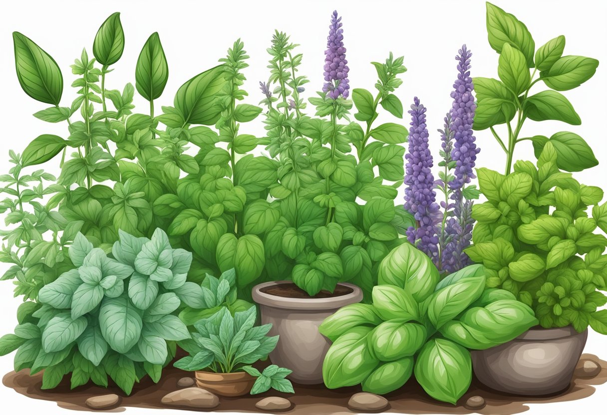 A variety of herbs and aromatic plants grow in a lush organic garden, including basil, rosemary, lavender, and mint