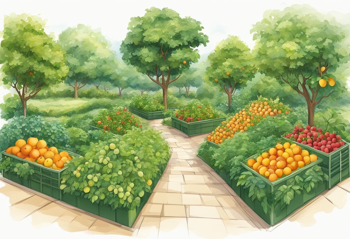 Lush green garden with various fruit plants and trees, including apples, oranges, and berries, all thriving in the organic environment