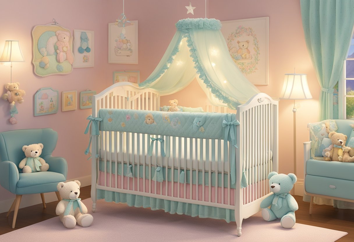 A crib with the name "Edith" embroidered on the blanket. Teddy bears and colorful mobile hanging above