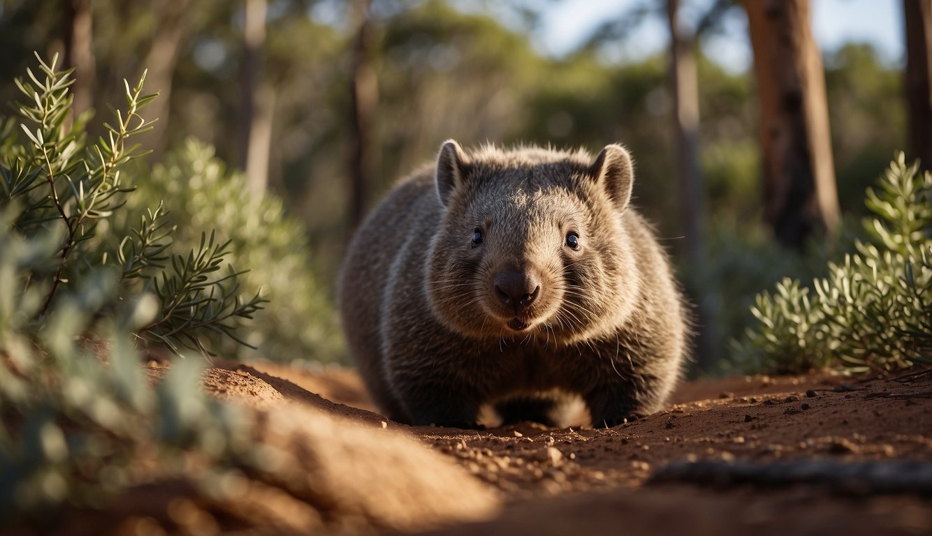 A cute wombat emerges from a burrow, surrounded by eucalyptus trees and native Australian flora