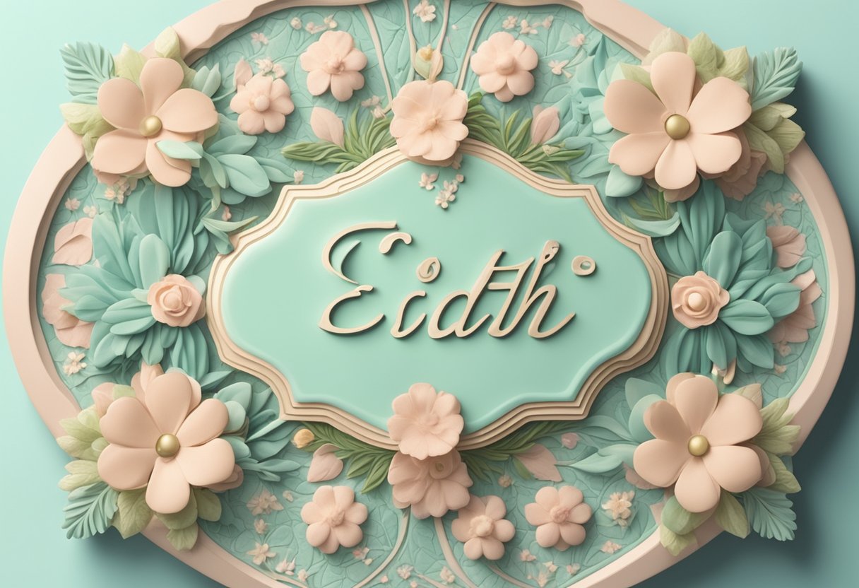 A baby name "Edith" displayed on a decorative plaque, surrounded by soft pastel colors and delicate floral patterns