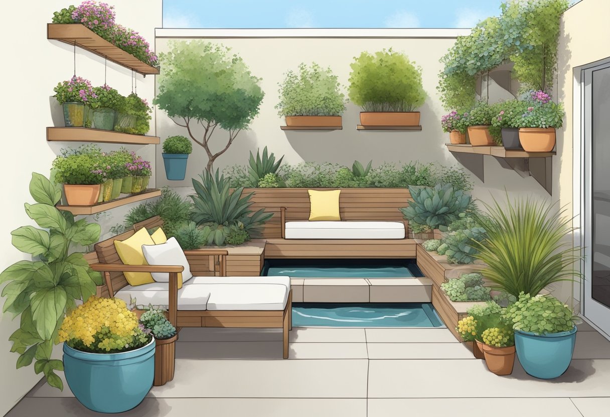 A small outdoor garden with vertical planters, hanging baskets, and tiered shelves to maximize space. A compact seating area and a small water feature add charm