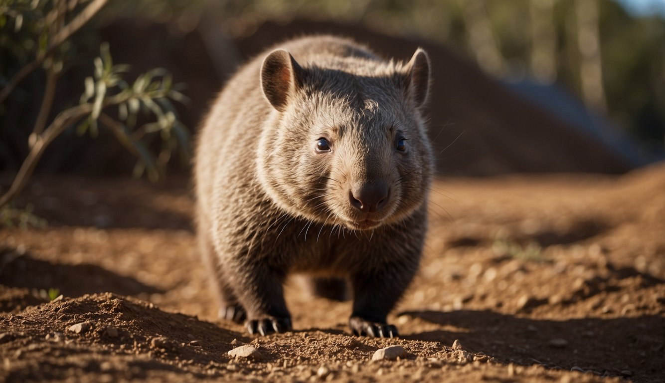 A wombat burrows into the earth, its sturdy body and short legs well-suited for digging.

Its round, furry body is adorned with a large, flat head and small, round ears