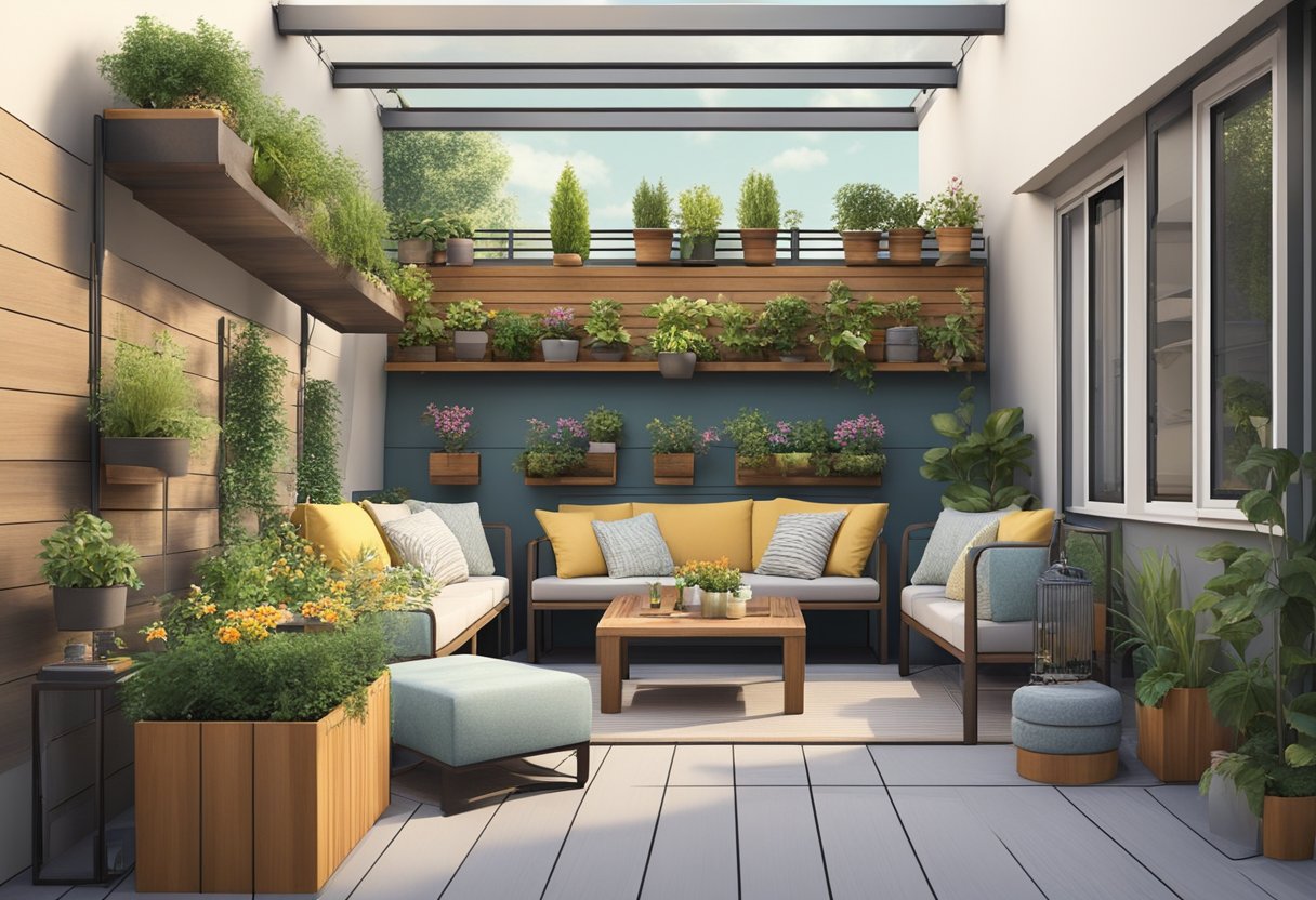 A small outdoor garden with efficient use of space, featuring vertical planters, hanging baskets, and compact furniture arrangement