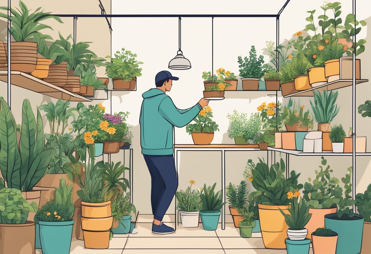 A person arranging potted plants on shelves and hanging baskets in a small outdoor garden to maximize space