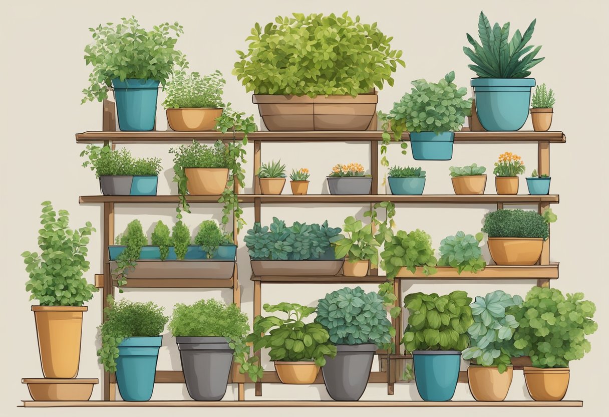 A small outdoor garden with vertical planters, hanging baskets, and multi-tiered shelves for pots and tools