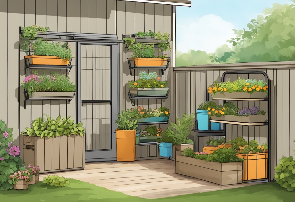 A small outdoor garden with vertical planters, hanging baskets, and tiered shelving to maximize space. A compost bin and storage containers for gardening tools are neatly organized