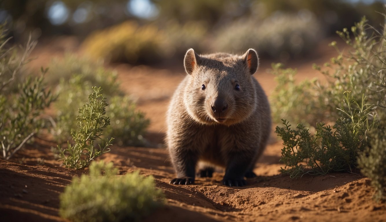 A wombat digs a deep burrow in the Australian outback, surrounded by native plants and animals.

A sign nearby highlights conservation efforts