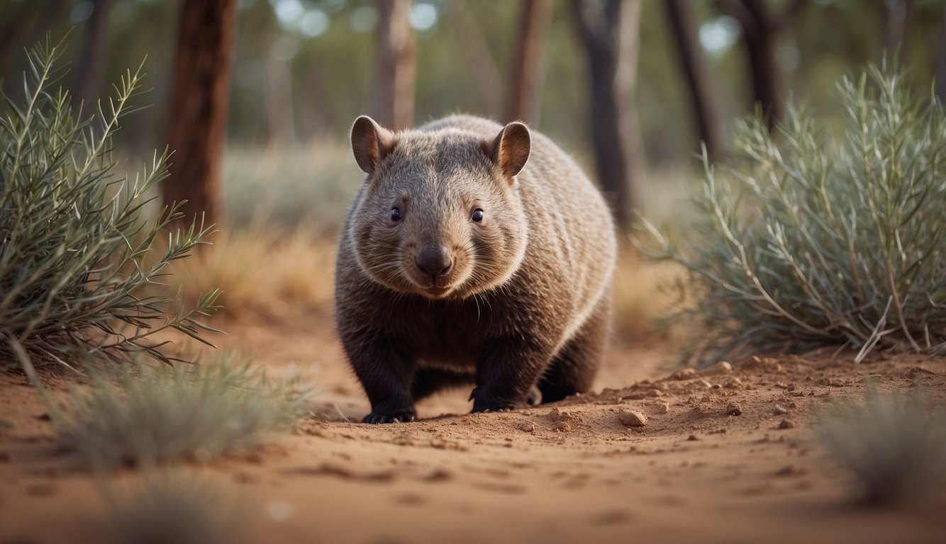 A wombat digging a burrow in the Australian outback, surrounded by eucalyptus trees and native grasses