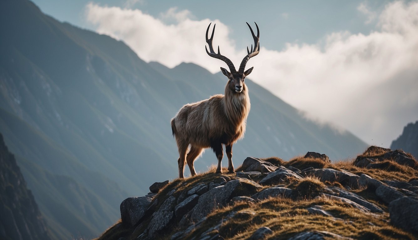 A majestic markhor stands atop a rugged mountain peak, its spiral horns reaching towards the sky.

The misty, rocky landscape creates an aura of mystery and grandeur