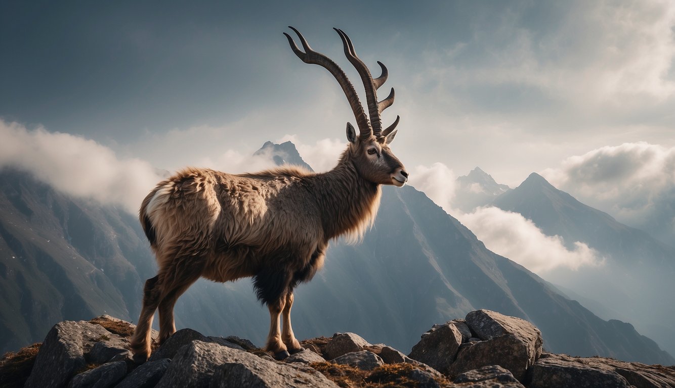 A majestic markhor stands atop a rocky cliff, its spiral horns reaching towards the sky.

The mountainous landscape is shrouded in mist and clouds, creating an otherworldly atmosphere