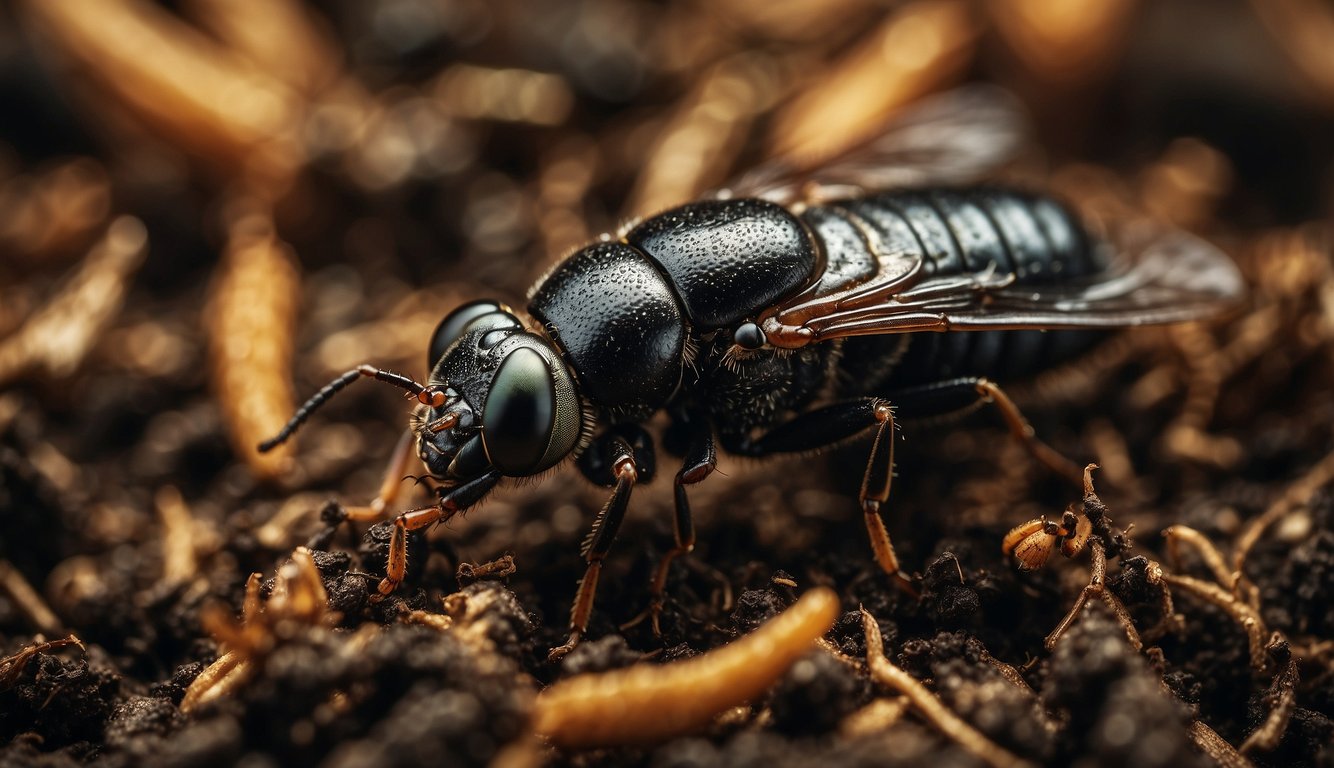 Black soldier fly larvae consume organic waste in a compost bin, converting it into nutrient-rich soil