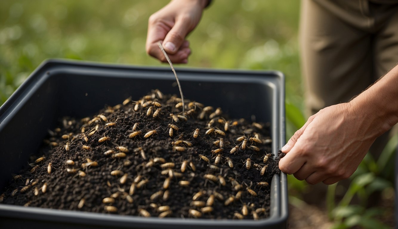 A person sets up a black soldier fly bin with compost and larvae