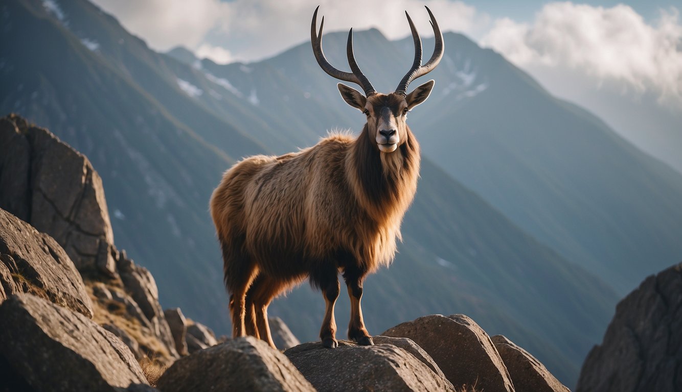 A markhor stands proudly on a rocky mountain ledge, its spiral horns reaching towards the sky.

The rugged landscape and misty peaks loom in the background, adding to the mysterious allure of this majestic creature