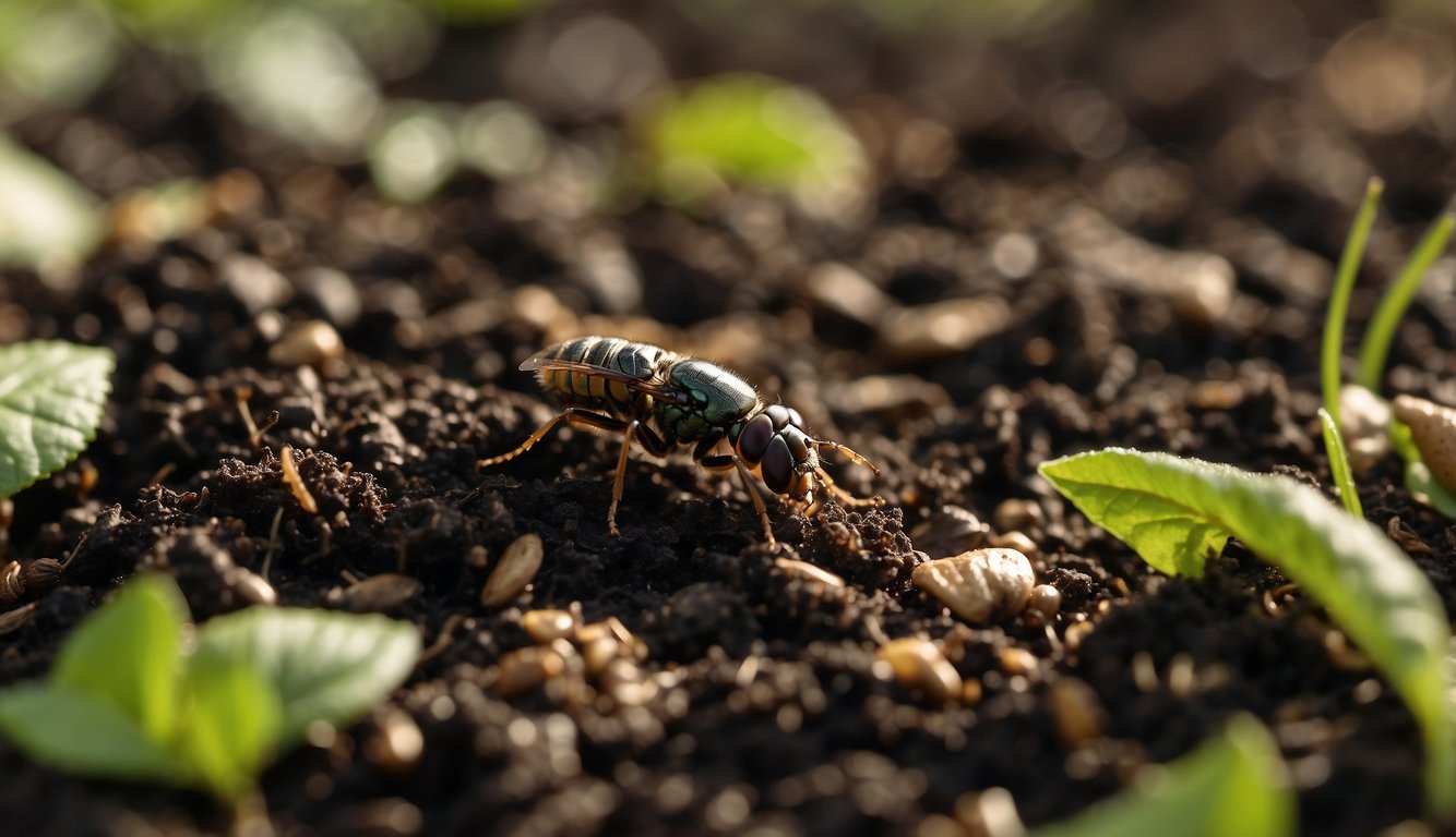 Black soldier fly larvae crawl through decomposing organic matter, creating nutrient-rich compost. Gardeners scoop the compost into containers, ready to nourish plants