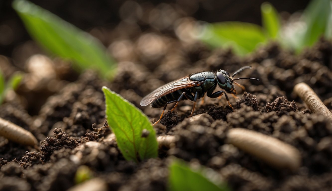 Black soldier fly larvae are being integrated into compost bins, breaking down organic waste and creating nutrient-rich soil. The larvae are voraciously consuming the waste, while the composting process is emitting a rich, earthy scent