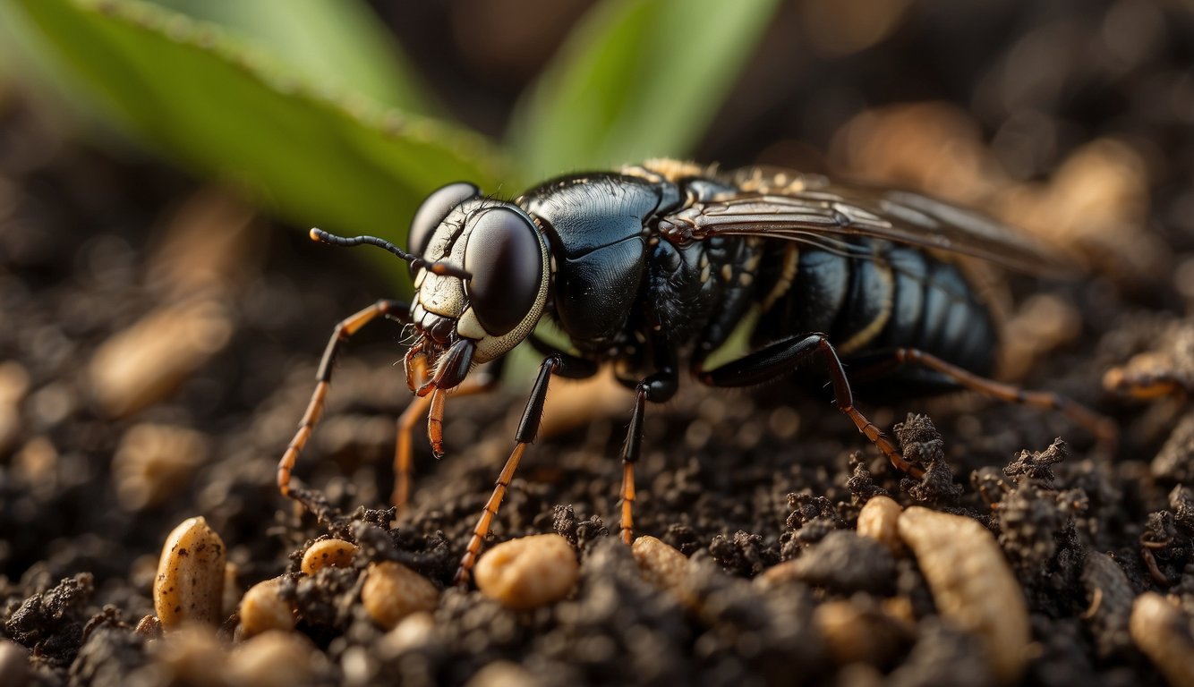 Black soldier fly larvae crawl through a pile of compost, breaking down organic matter. The compost is rich in nutrients and teeming with microbial activity