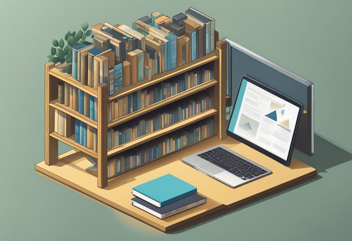 A bookshelf with biographies of influential Eileens. A family tree with branches of Eileens' descendants. An open laptop with a list of famous Eileens