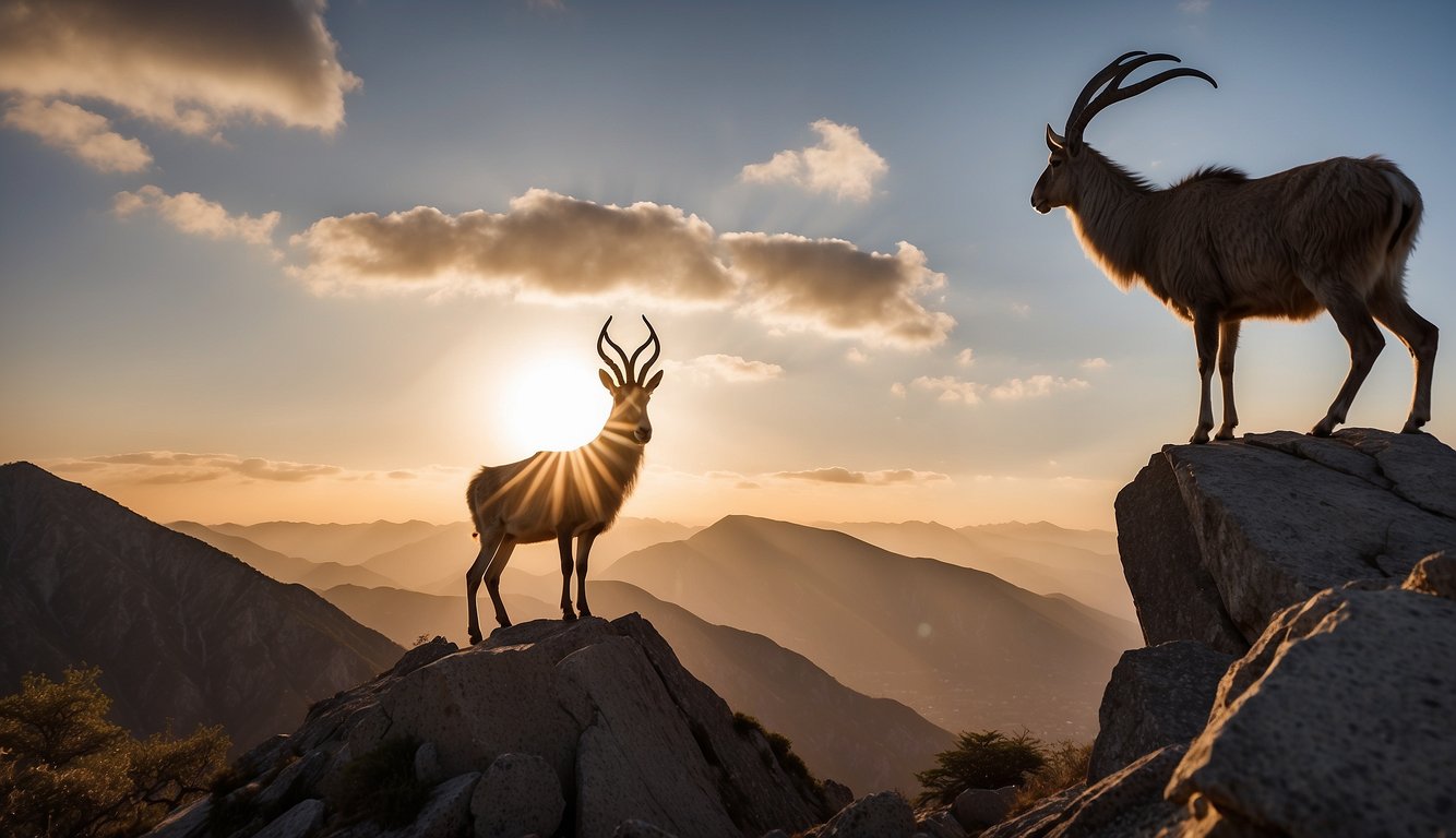 A markhor scales a steep mountainside, its spiraled horns silhouetted against the setting sun.

Below, a rugged landscape stretches out, a challenging habitat for this elusive and endangered species