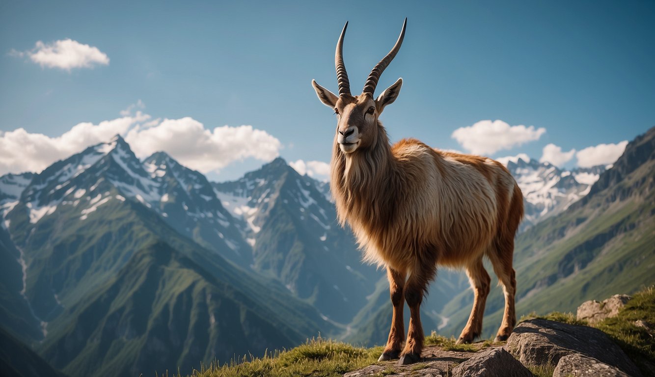 A majestic markhor stands proudly on a rugged mountain peak, its spiral horns reaching towards the sky.

The backdrop is a breathtaking landscape of towering peaks and lush green valleys