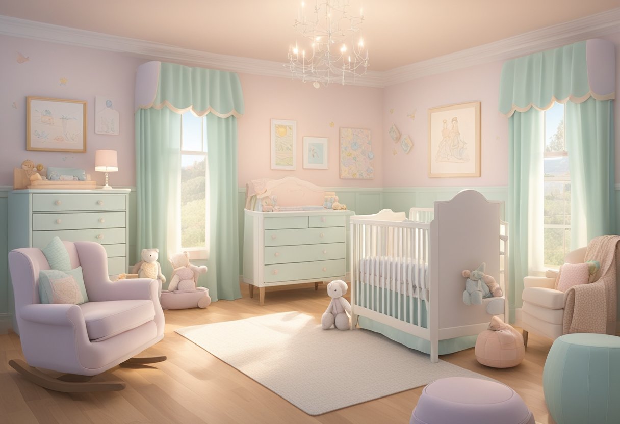 A soft, pastel-colored nursery with a crib adorned with the name "Eleanor" in delicate, cursive lettering. Toys and books are scattered around, and a gentle light filters in through the window