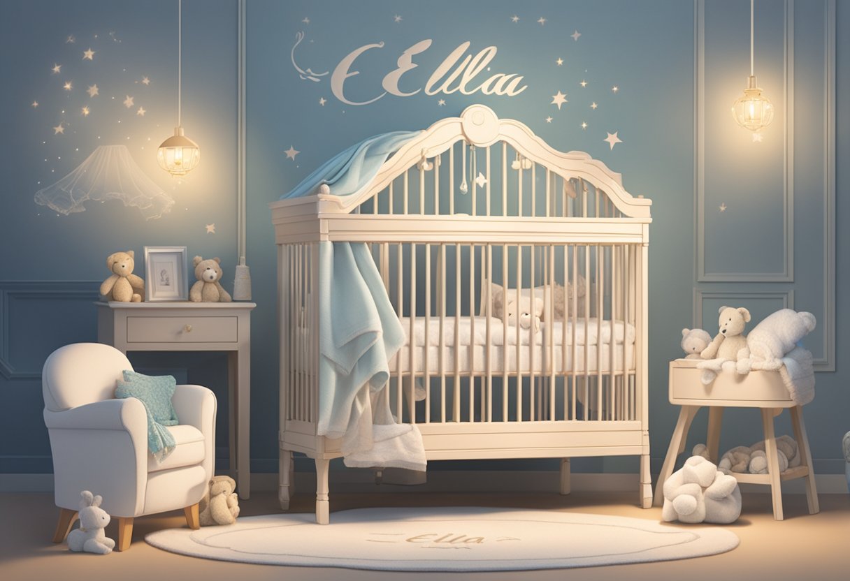 A crib adorned with the name "Ella" in delicate script, surrounded by soft blankets and toys