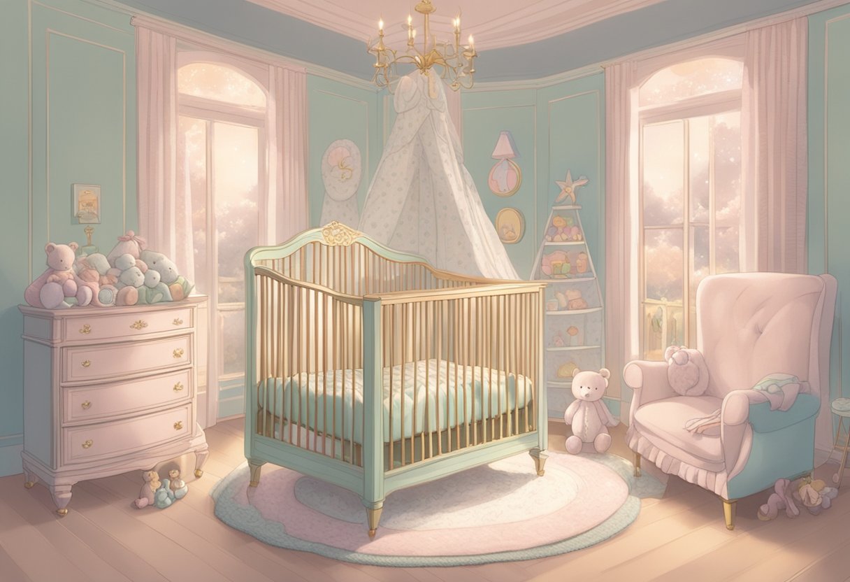 A crib adorned with the name "Eloise" in delicate script, surrounded by soft, pastel-colored blankets and toys