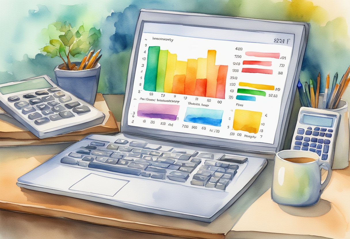 A computer screen displaying sales data and inventory levels, with a calculator and notepad nearby