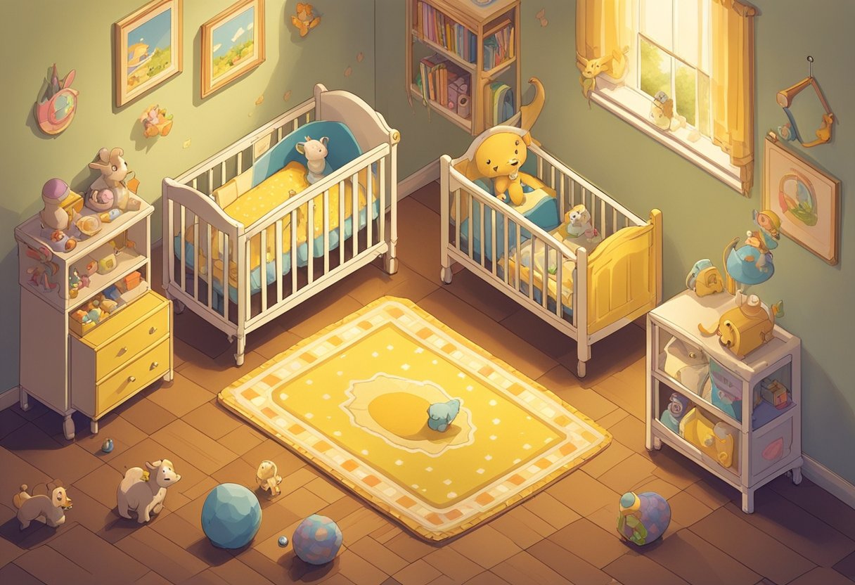 A small room with a crib in the center. The walls are painted a soft yellow and decorated with colorful animal decals. Toys are scattered on the floor, and a mobile hangs above the crib, gently spinning