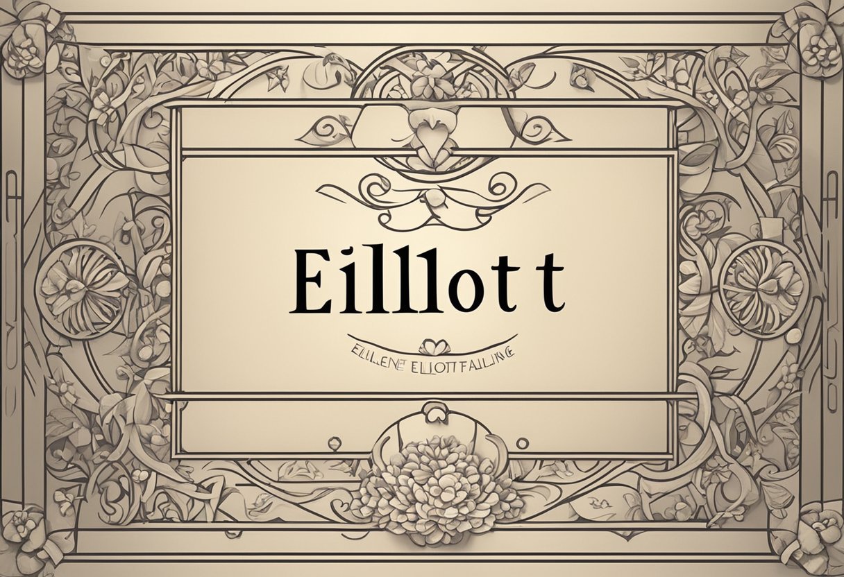 A baby name "Elliott" displayed on a decorative sign with various related names written in elegant script around it