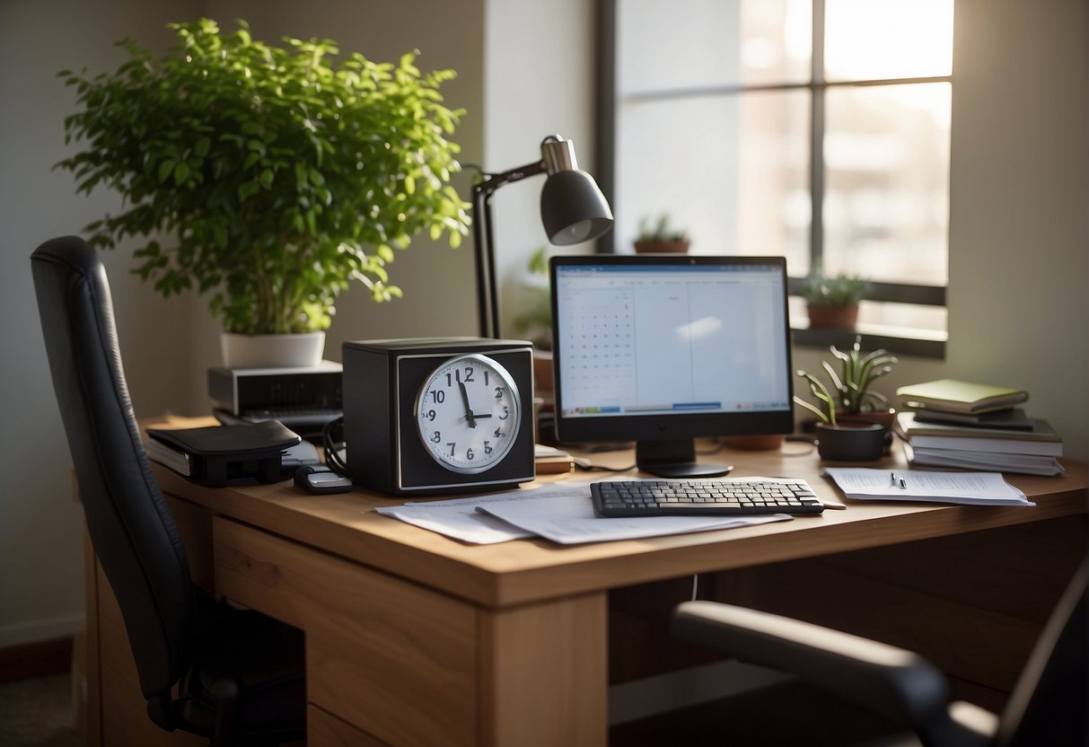 A cluttered desk with a computer, papers, and office supplies. A phone, calendar, and potted plant sit nearby. A window lets in natural light, and a clock hangs on the wall