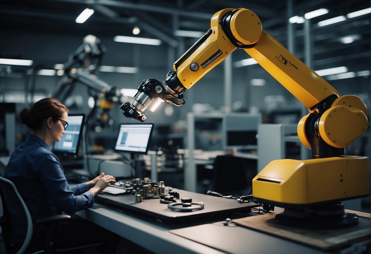 Robotic arms assemble products in a factory. Automated machines monitor and control production lines. AI software analyzes data in an office setting