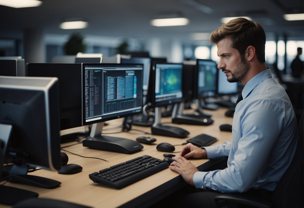 Employees setting up computers, robots, and AI devices in a modern office space