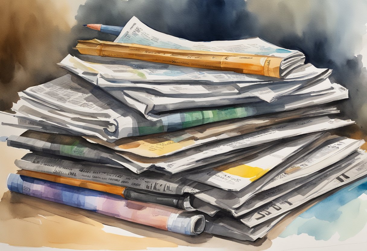 A stack of newspapers with various titles and logos lay on a table, surrounded by pens and notebooks. The room is filled with brainstorming ideas and sketches for potential newspaper names