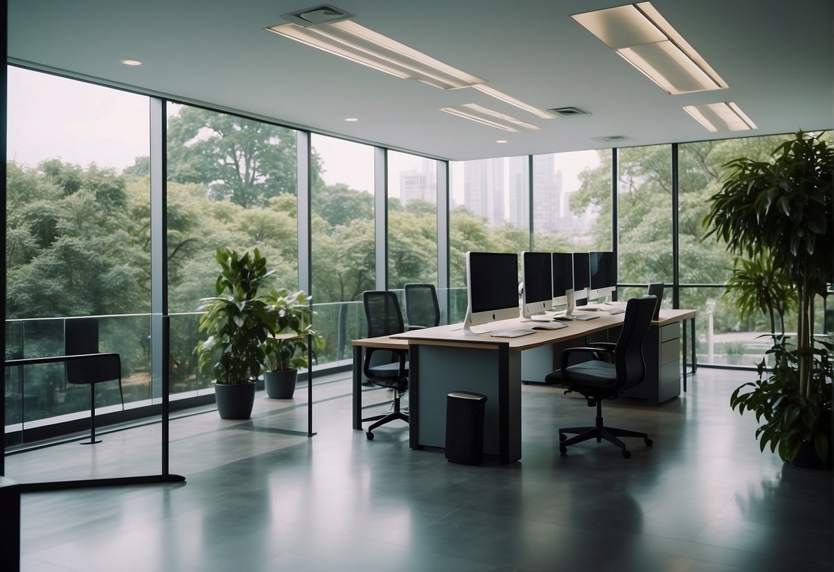 A sleek, modern office space with transparent walls, high-tech workstations, and holographic displays, surrounded by lush greenery and natural light