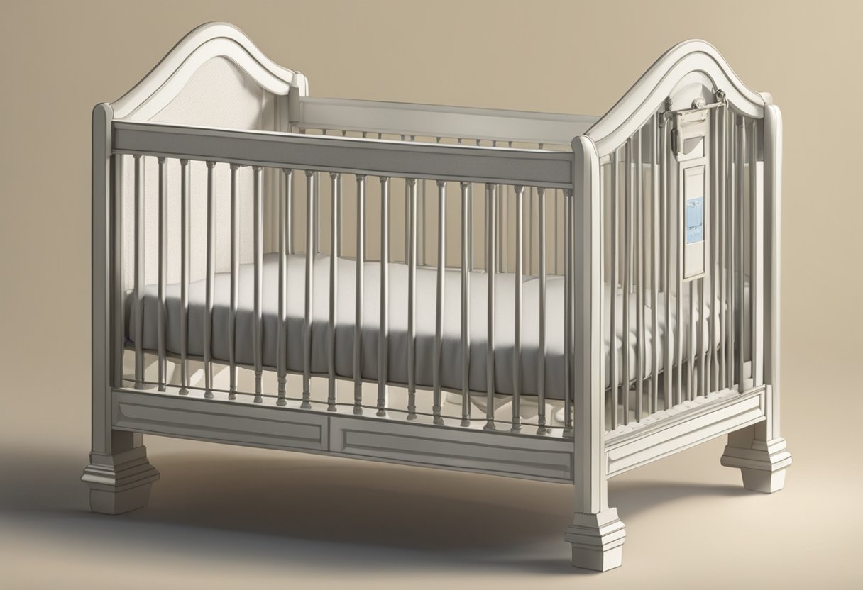 A crib with a name tag "Elizabeth" hanging on the side