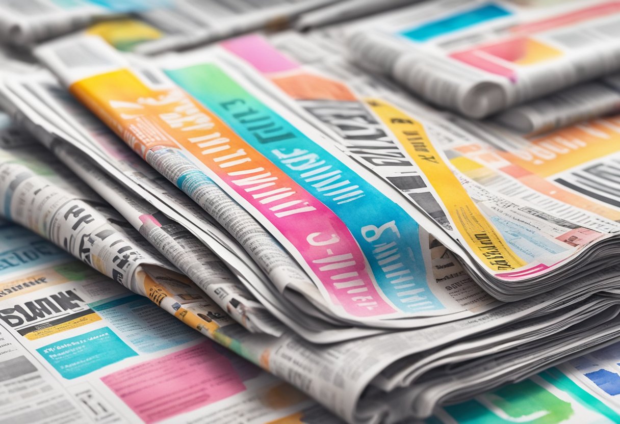 A stack of newspapers with bold, modern fonts and catchy headlines. Colorful logo designs and innovative layout ideas