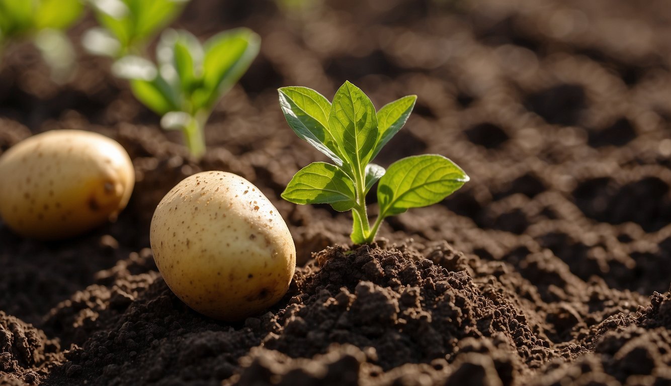 Potato seeds are gently placed in a furrow. Soil is then mounded around the seeds to protect and encourage growth