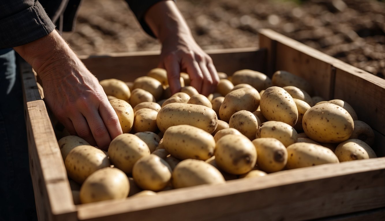 Potatoes being pulled from the ground and placed in a wooden crate for storage